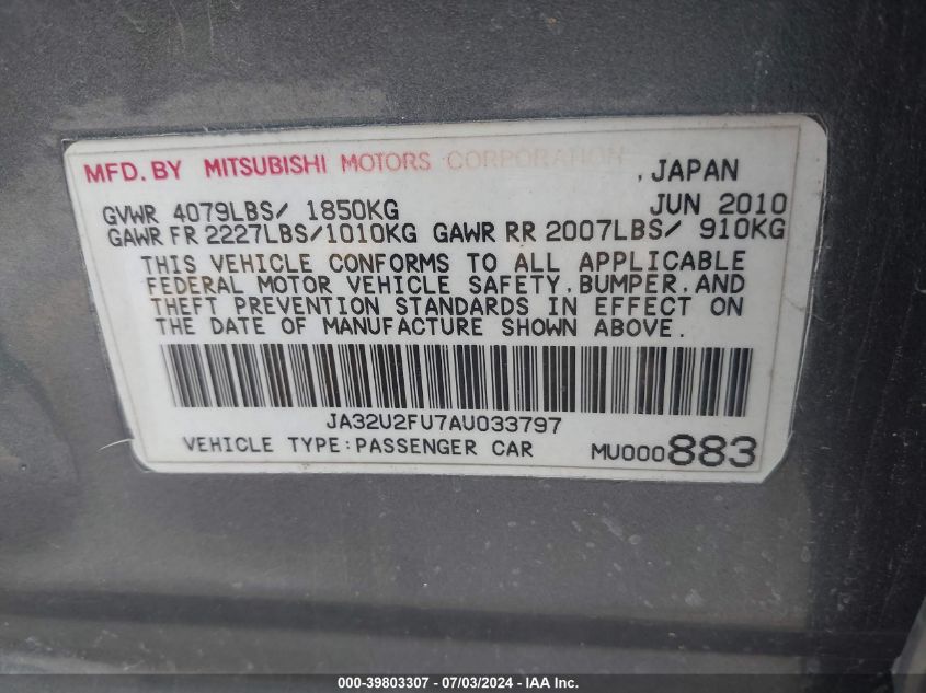 2010 Mitsubishi Lancer Es VIN: JA32U2FU7AU033797 Lot: 39803307