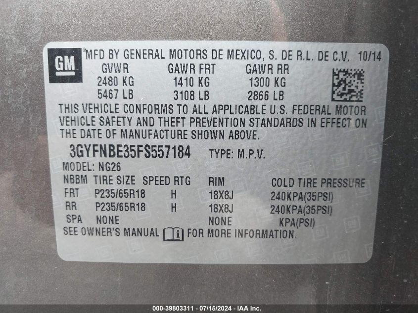 2015 Cadillac Srx Luxury Collection VIN: 3GYFNBE35FS557184 Lot: 39803311