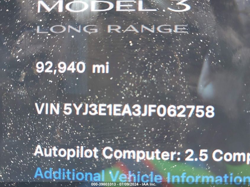 2018 Tesla Model 3 VIN: 5YJ3E1EA3JF062758 Lot: 39803313