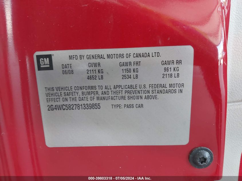 2008 Buick Lacrosse Cx VIN: 2G4WC582781339855 Lot: 39803318