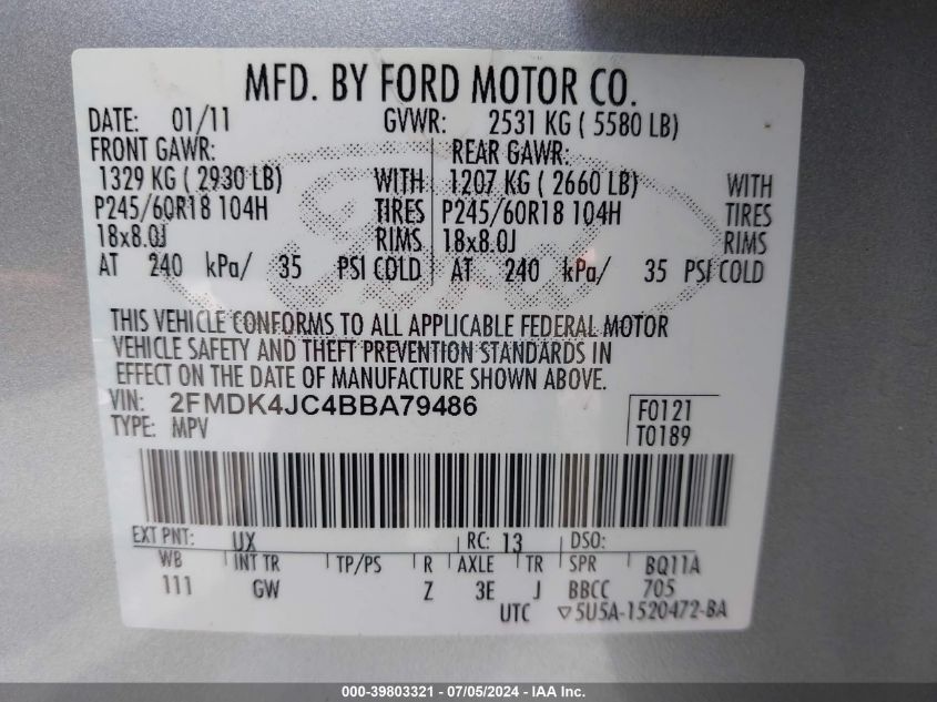 2011 Ford Edge Sel VIN: 2FMDK4JC4BBA79486 Lot: 39803321