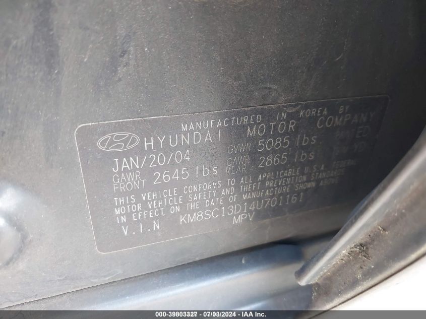 2004 Hyundai Santa Fe Gls VIN: KM8SC13D14U701161 Lot: 39803327