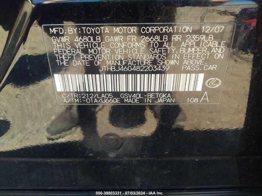 2008 Lexus Es 350 VIN: JTHBJ46G482203439 Lot: 39803331