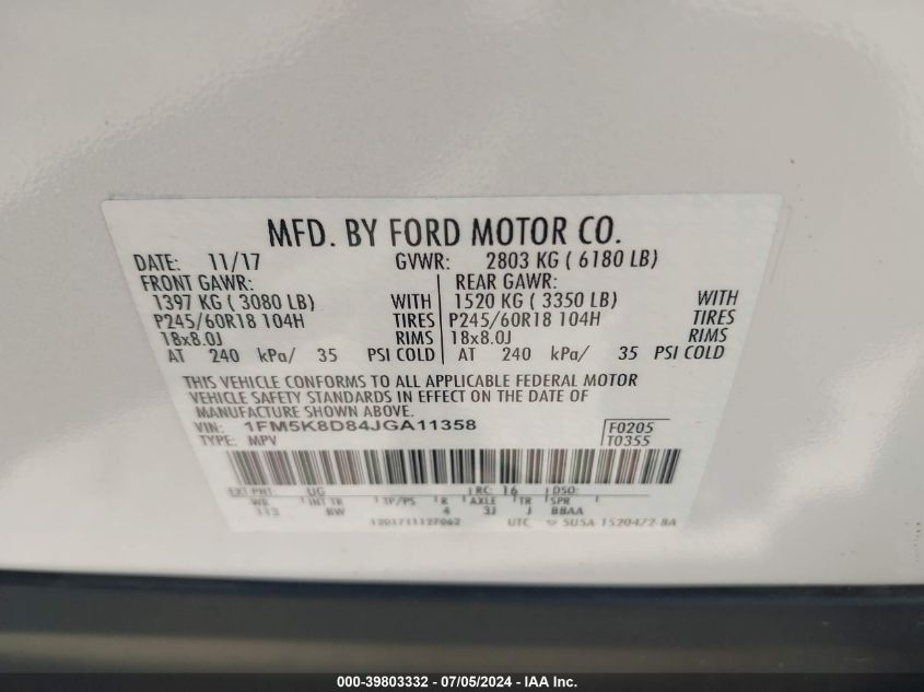 2018 Ford Explorer Xlt VIN: 1FM5K8D84JGALL358 Lot: 39803332