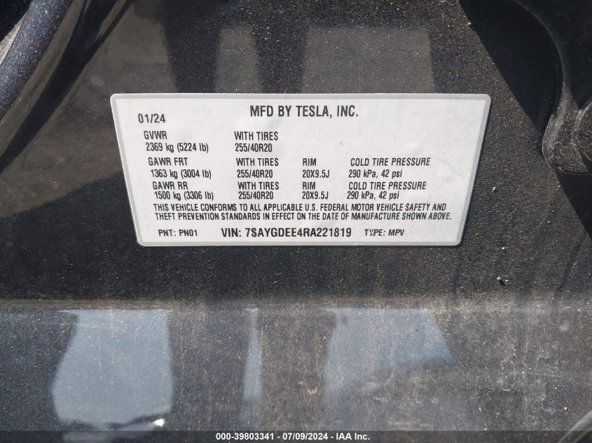 2024 Tesla Model Y Long Range Dual Motor All-Wheel Drive VIN: 7SAYGDEE4RA221819 Lot: 39803341