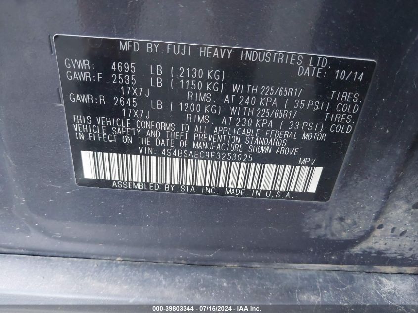 2015 Subaru Outback 2.5I Premium VIN: 4S4BSAEC9F3253025 Lot: 39803344