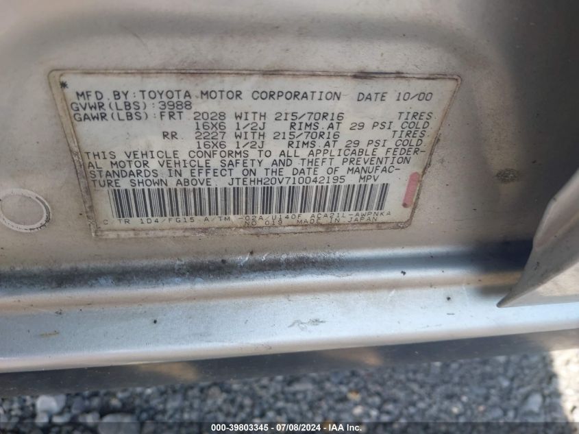 2001 Toyota Rav4 VIN: JTEHH20V710042195 Lot: 39803345