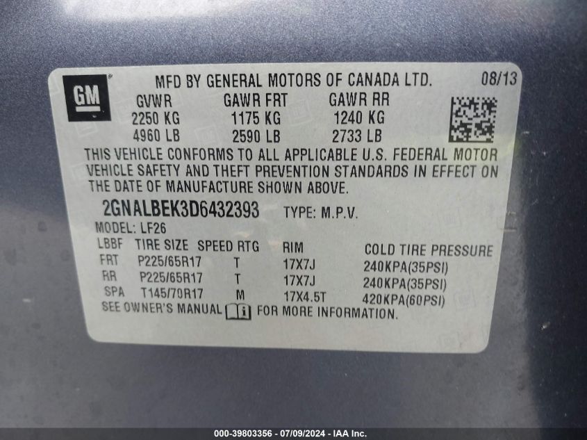 2013 Chevrolet Equinox Ls VIN: 2GNALBEK3D6432393 Lot: 39803356