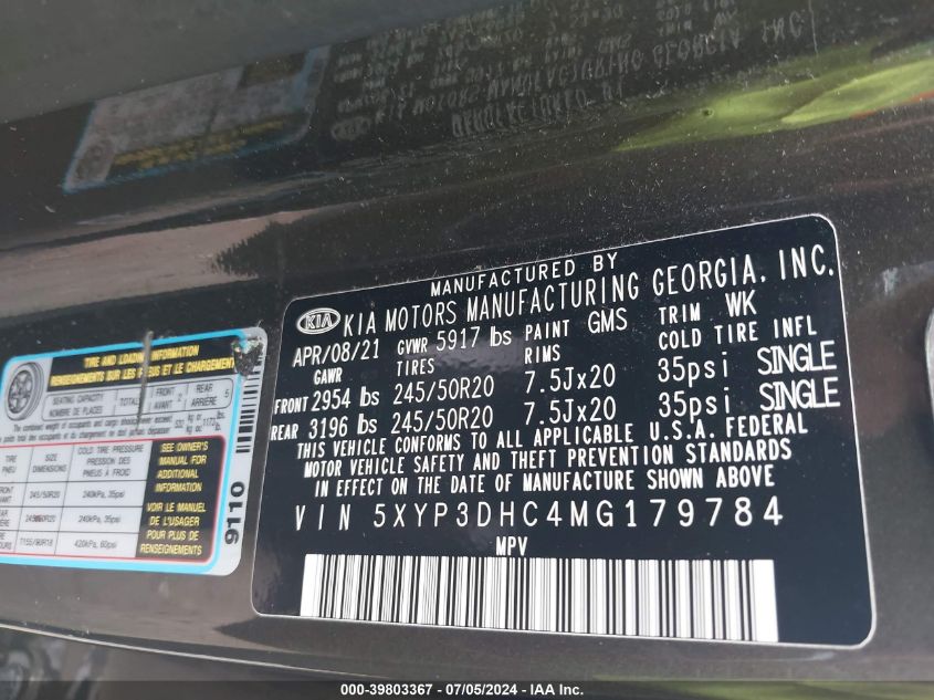 2021 Kia Telluride Ex VIN: 5XYP3DHC4MG179784 Lot: 39803367