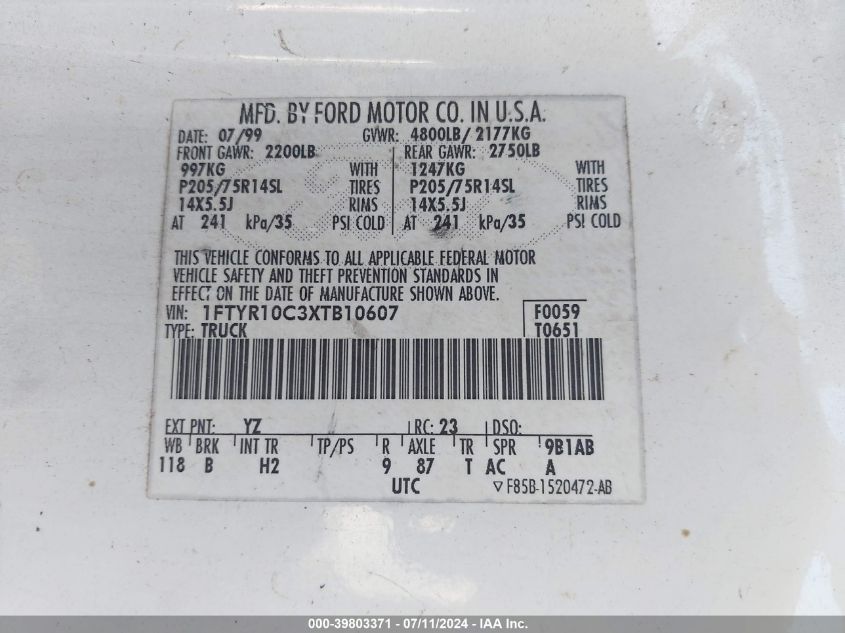 1999 Ford Ranger Xl/Xlt VIN: 1FTYR10C3XTB10607 Lot: 39803371