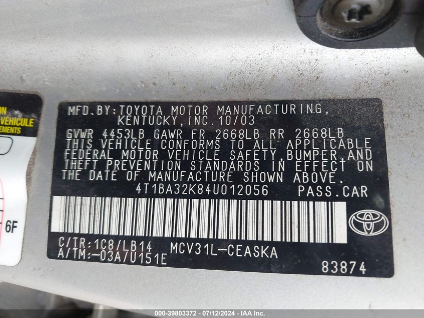 2004 Toyota Camry Se V6 VIN: 4T1BA32K84U012056 Lot: 39803372