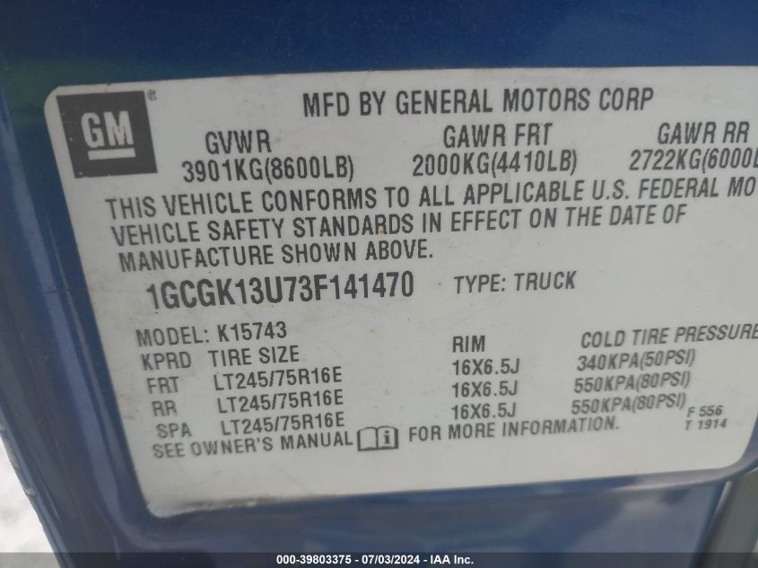 2003 Chevrolet Silverado 1500Hd Ls VIN: 1GCGK13U73F141470 Lot: 39803375