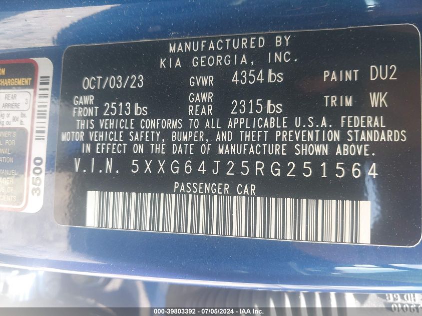 2024 Kia K5 Gt-Line VIN: 5XXG64J25RG251564 Lot: 39803392