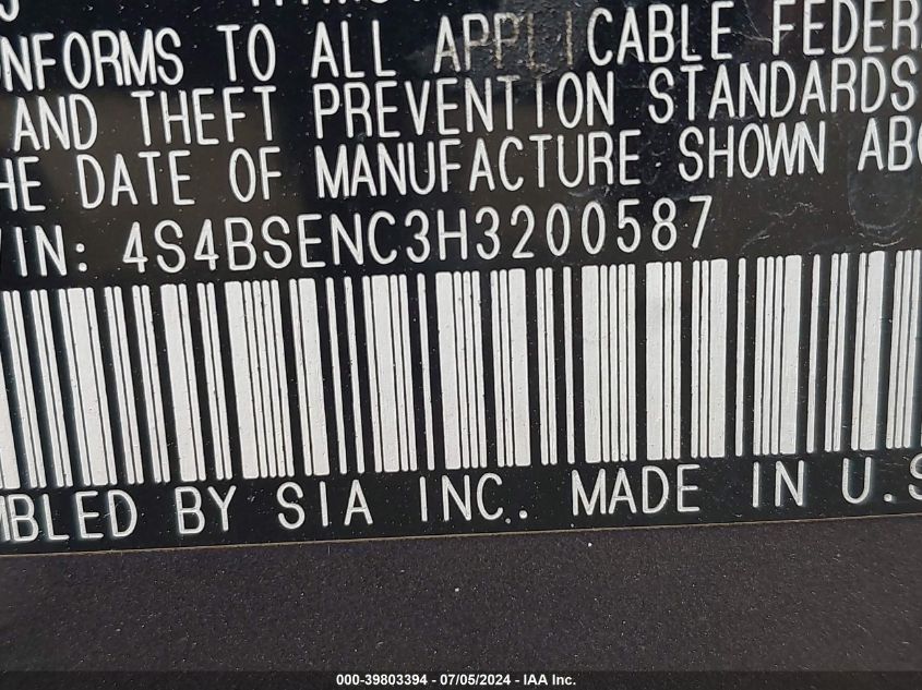 2017 Subaru Outback 3.6R Limited VIN: 4S4BSENC3H3200587 Lot: 39803394