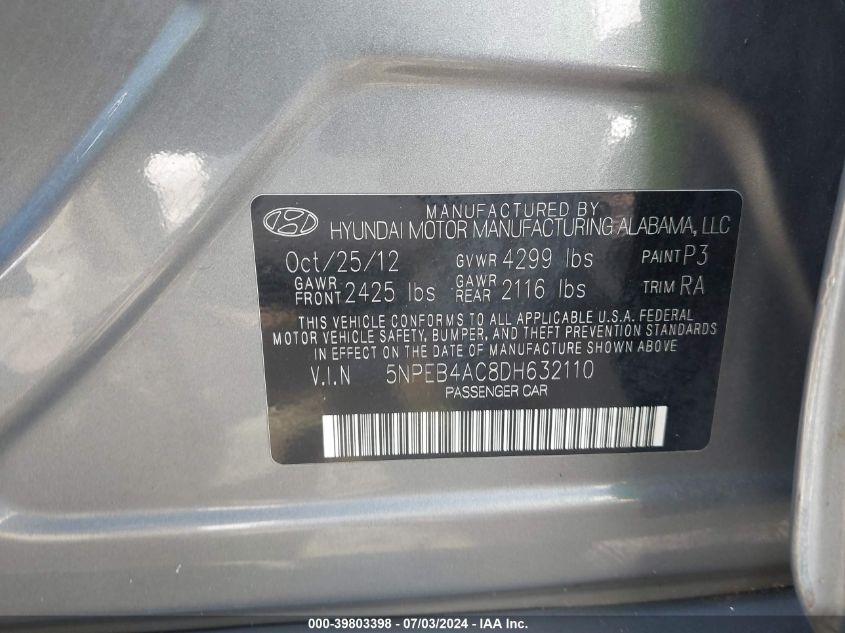 5NPEB4AC8DH632110 2013 Hyundai Sonata Gls