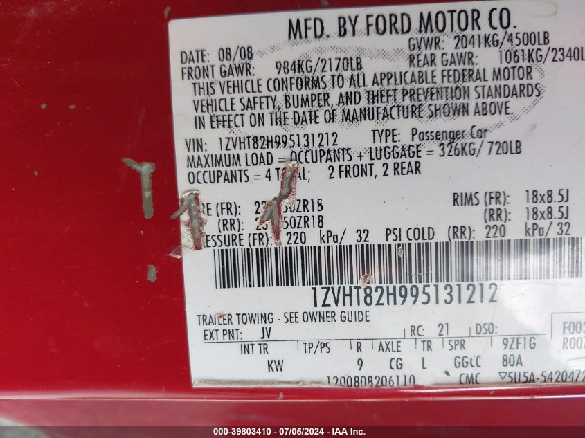 2009 Ford Mustang Gt/Gt Premium VIN: 1ZVHT82H995131212 Lot: 39803410