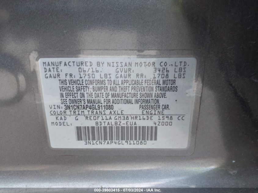 2016 Nissan Versa 1.6 Sv VIN: 3N1CN7AP4GL911080 Lot: 39803415