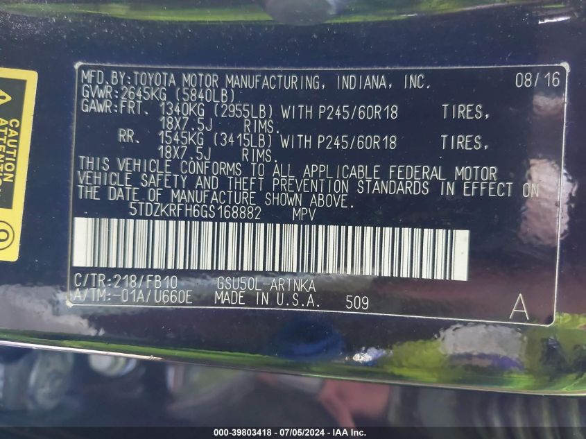 2016 Toyota Highlander Le V6 VIN: 5TDZKRFH6GS168882 Lot: 39803418