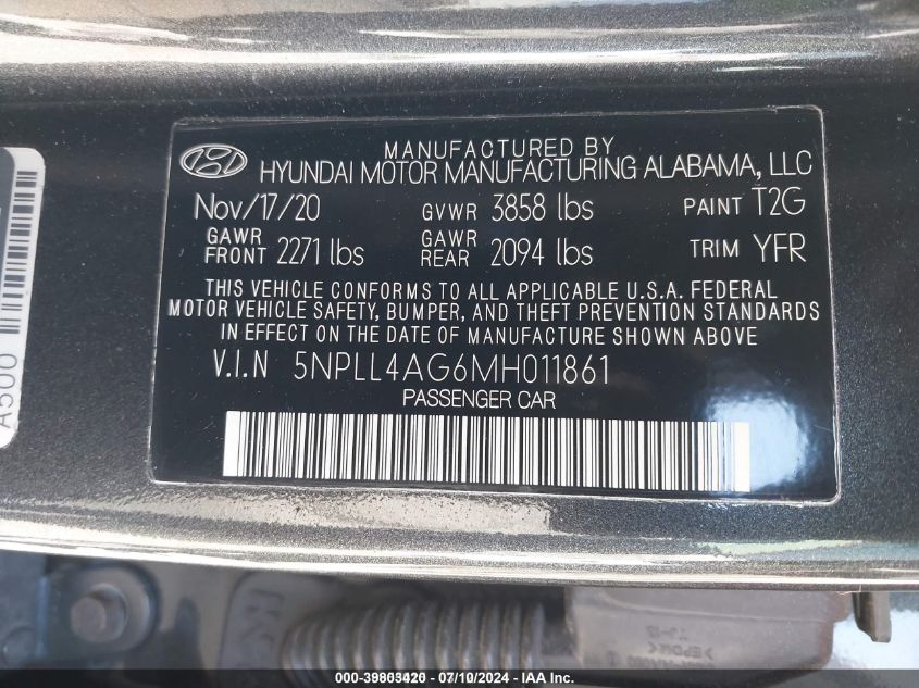 2021 Hyundai Elantra Se VIN: 5NPLL4AG6MH011861 Lot: 39803420