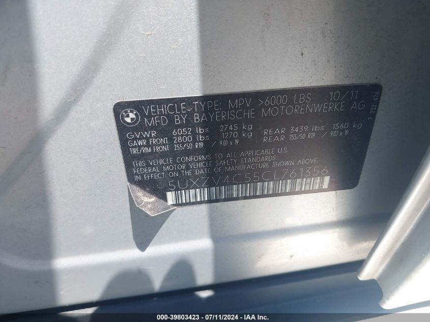 2012 BMW X5 xDrive35I/xDrive35I Premium/xDrive35I Sport Activity VIN: 5UXZV4C55CL761356 Lot: 39803423