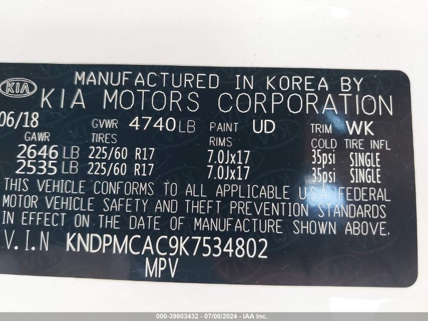 2019 Kia Sportage Lx VIN: KNDPMCAC9K7534802 Lot: 39803432