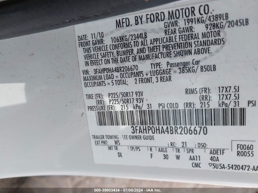 2011 Ford Fusion Se VIN: 3FAHP0HA4BR206670 Lot: 39803434