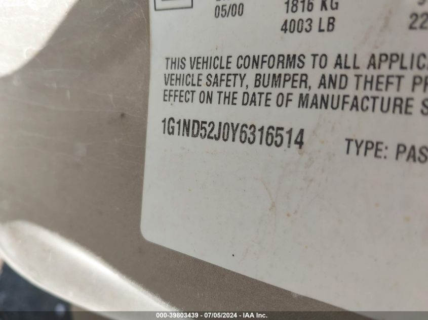 2000 Chevrolet Malibu VIN: 1G1ND52J0Y6316514 Lot: 39803439