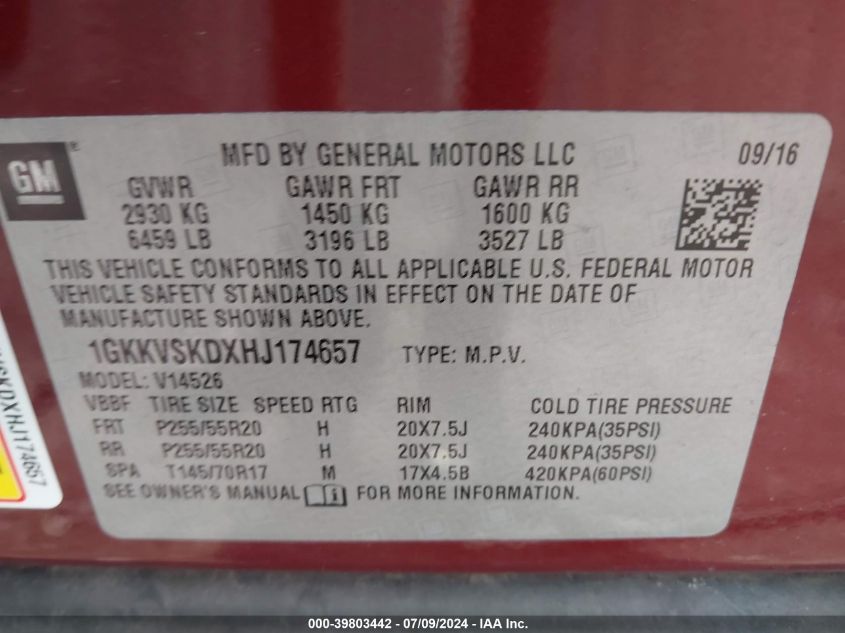 2017 GMC Acadia Limited Slt-2 VIN: 1GKKVSKDXHJ174657 Lot: 39803442