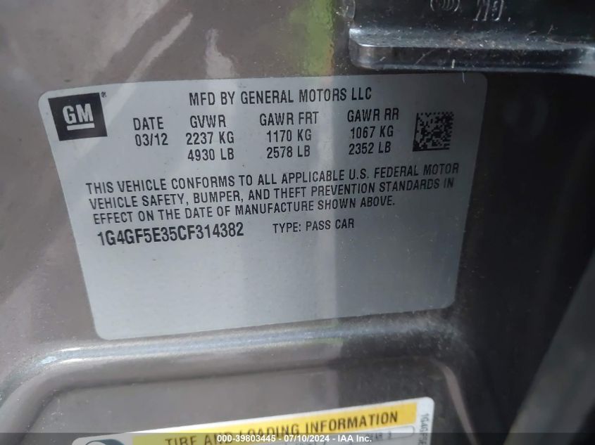 2012 Buick Lacrosse Premium 2 Group VIN: 1G4GF5E35CF314382 Lot: 39803445