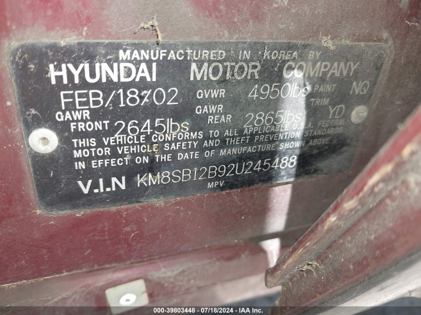 2002 Hyundai Santa Fe VIN: KM8SB12B92U245488 Lot: 39803448