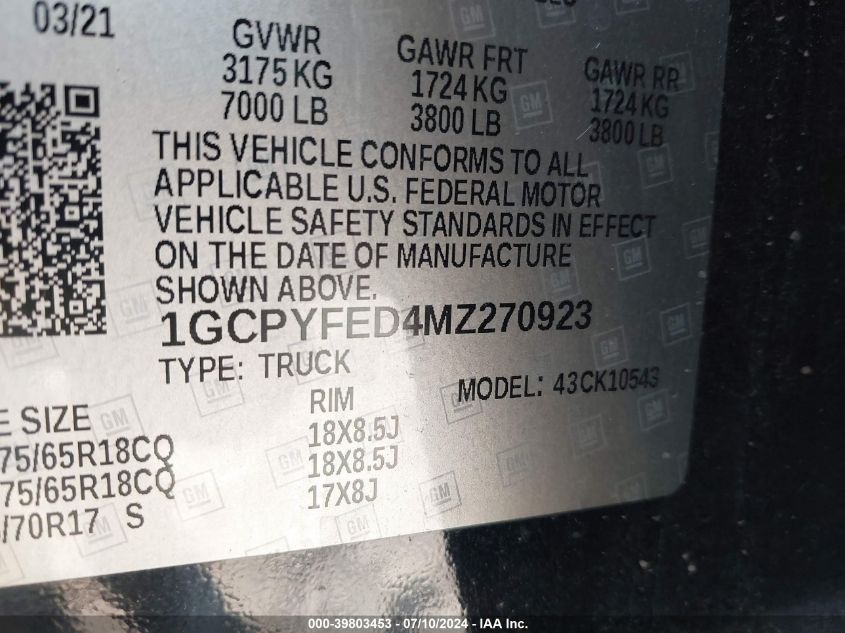 2021 Chevrolet Silverado 1500 K1500 Lt Trail Boss VIN: 1GCPYFED4MZ270923 Lot: 39803453