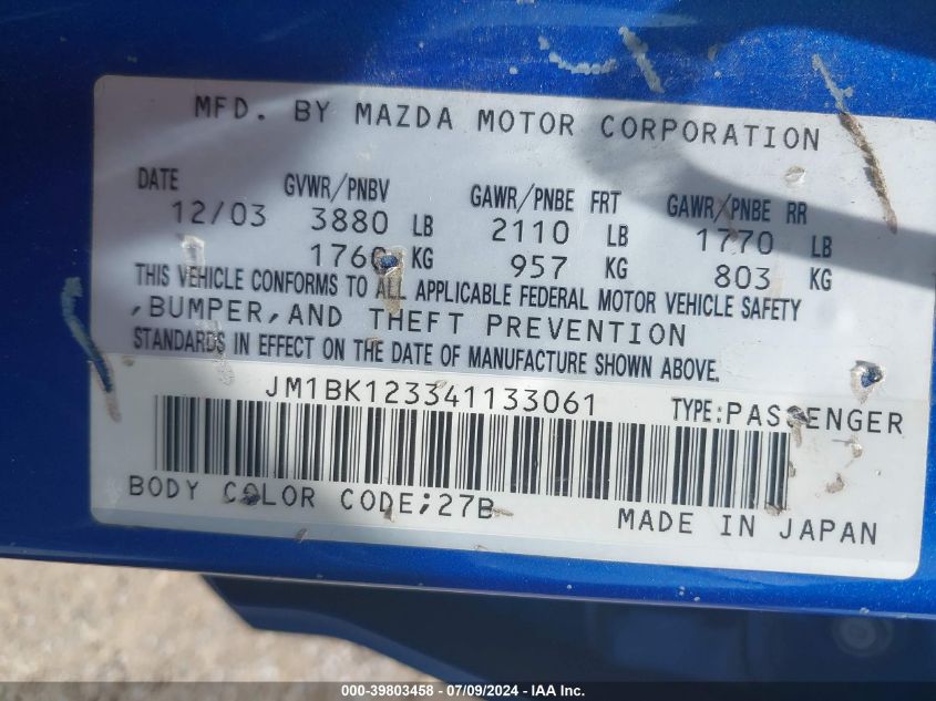 2004 Mazda Mazda3 S VIN: JM1BK123341133061 Lot: 39803458