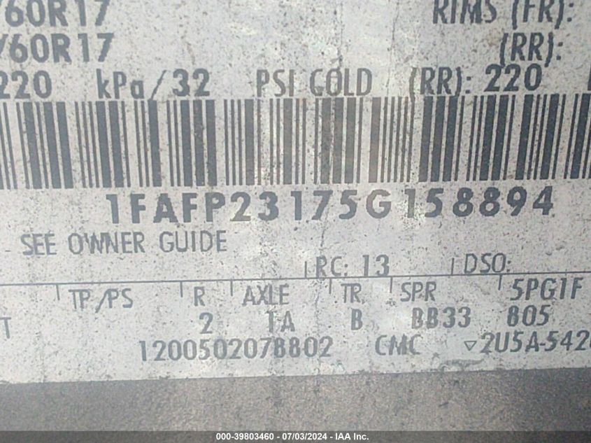 2005 Ford Five Hundred Se VIN: 1FAFP23175G158894 Lot: 39803460