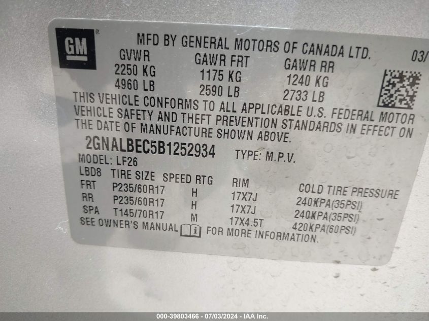 2011 Chevrolet Equinox Ls VIN: 2GNALBEC5B1252934 Lot: 39803466