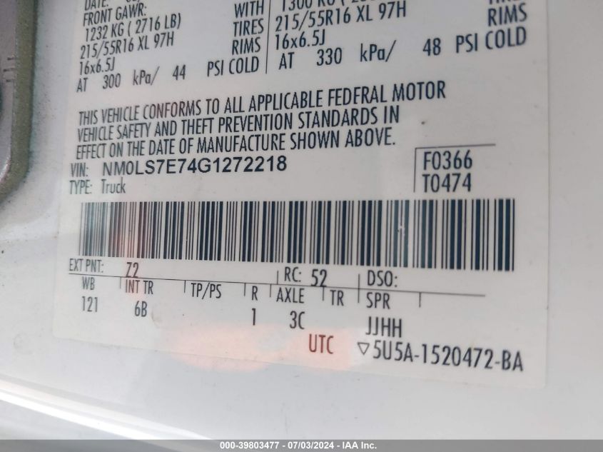 2016 Ford Transit Connect Xl VIN: NM0LS7E74G1272218 Lot: 39803477