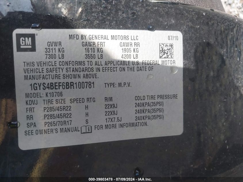 2011 Cadillac Escalade Luxury VIN: 1GYS4BEF6BR100781 Lot: 39803478