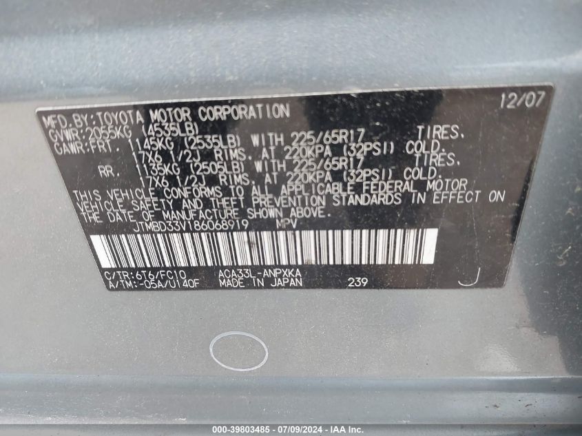 2008 Toyota Rav4 VIN: JTMBD33V186068919 Lot: 39803485