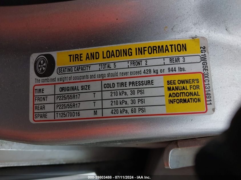 2012 Chevrolet Impala Lt VIN: 2G1WG5E3XC1314911 Lot: 39803488