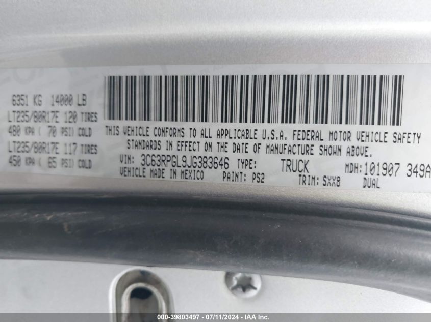 2018 Ram 3500 Tradesman 4X2 8' Box VIN: 3C63RPGL9JG383646 Lot: 39803497