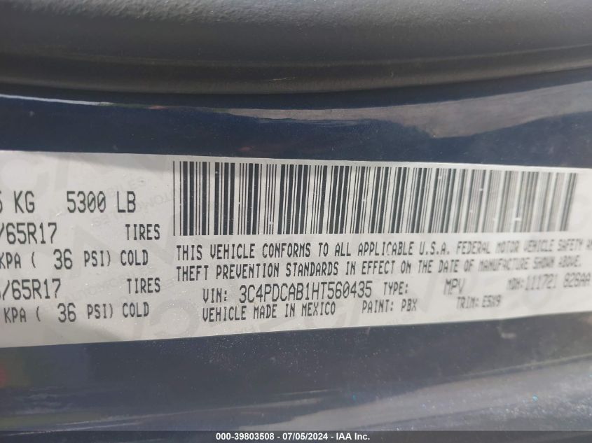 VIN 3C4PDCAB1HT560435 2017 DODGE JOURNEY SE