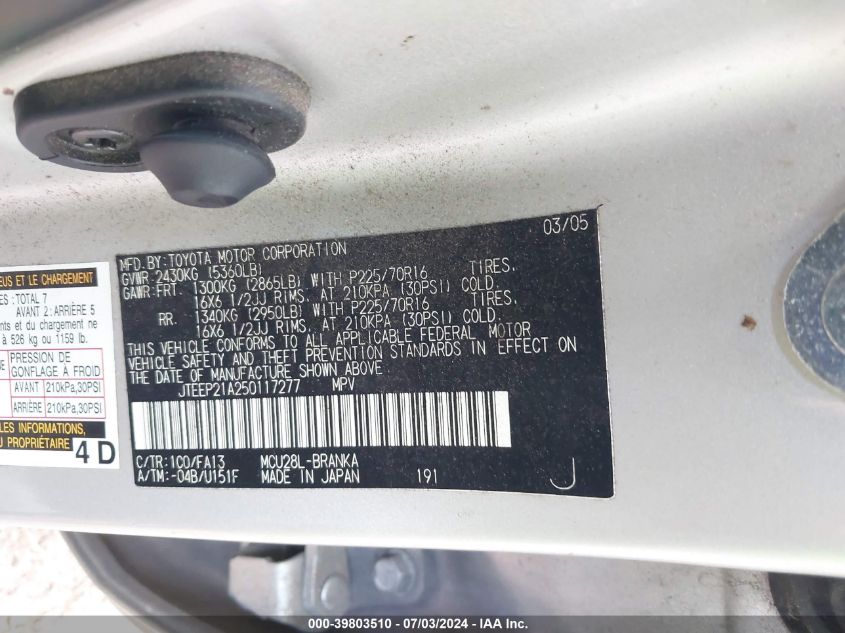 2005 Toyota Highlander V6 VIN: JTEEP21A250117277 Lot: 39803510