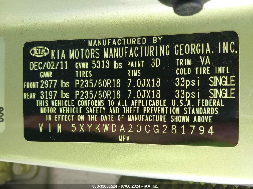 2012 Kia Sorento Sx VIN: 5XYKWDA20CG281794 Lot: 39803524