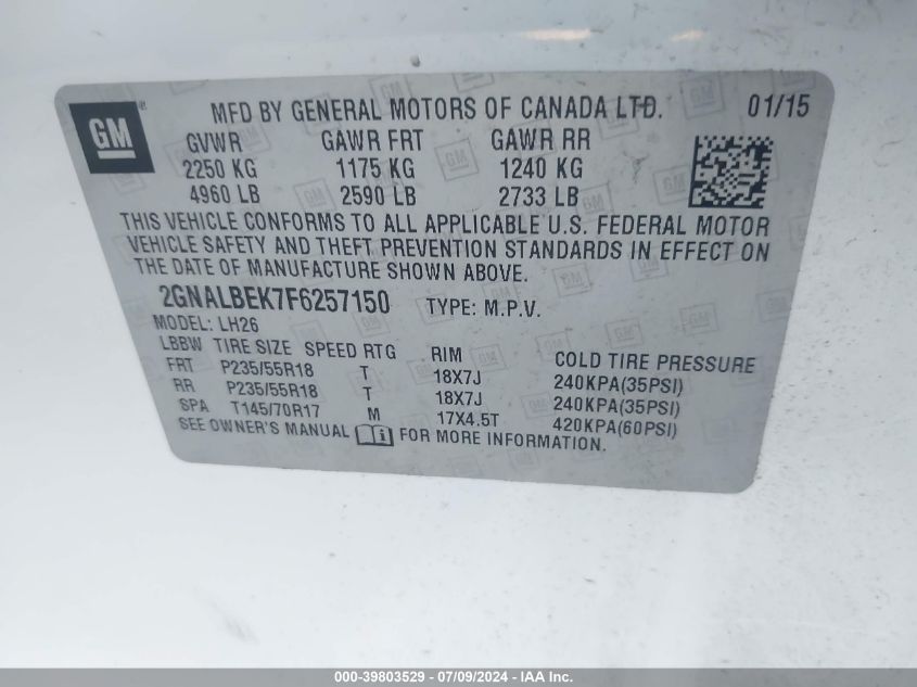 2GNALBEK7F6257150 2015 Chevrolet Equinox 1Lt