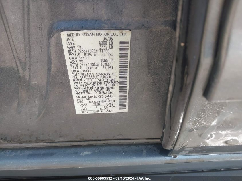 2006 Nissan Pathfinder Se VIN: 5N1AR18W46C655483 Lot: 39803532