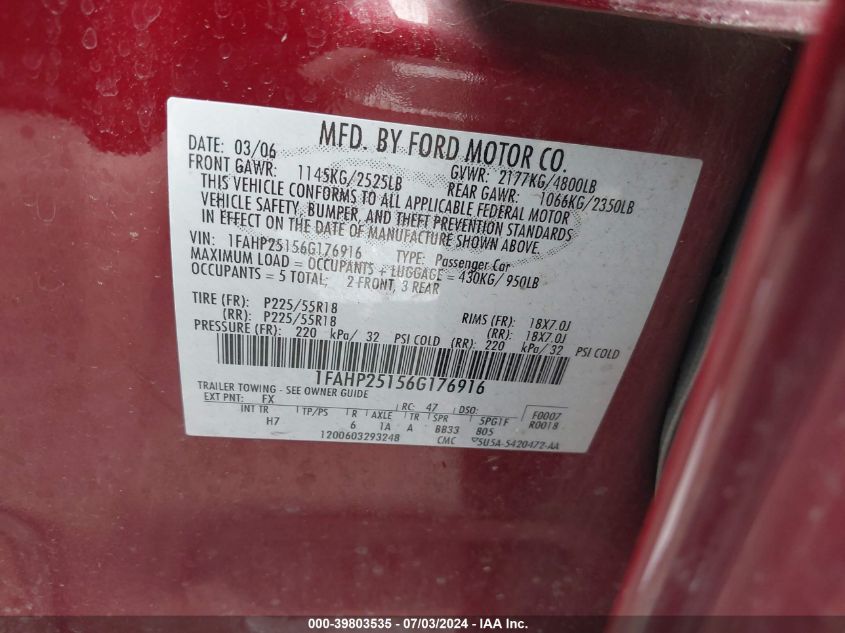 2006 Ford Five Hundred Limited VIN: 1FAHP25156G176916 Lot: 39803535