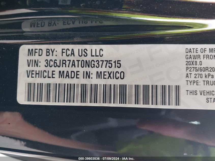 2022 Ram 1500 Classic Express Regular Cab 4X4 6'4 Box VIN: 3C6JR7AT0NG377515 Lot: 39803536