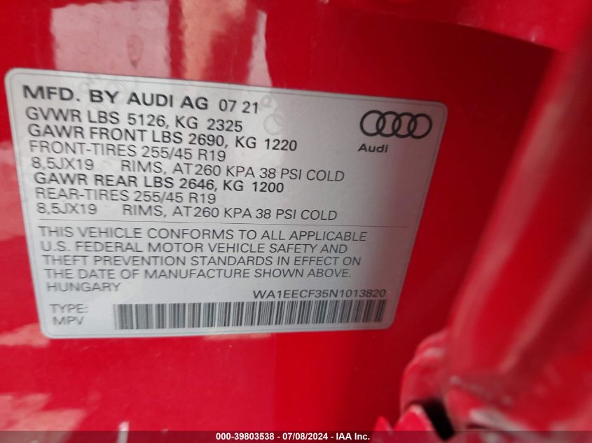 2022 Audi Q3 Premium Plus 45 Tfsi S Line Quattro Tiptronic VIN: WA1EECF35N1013820 Lot: 39803538