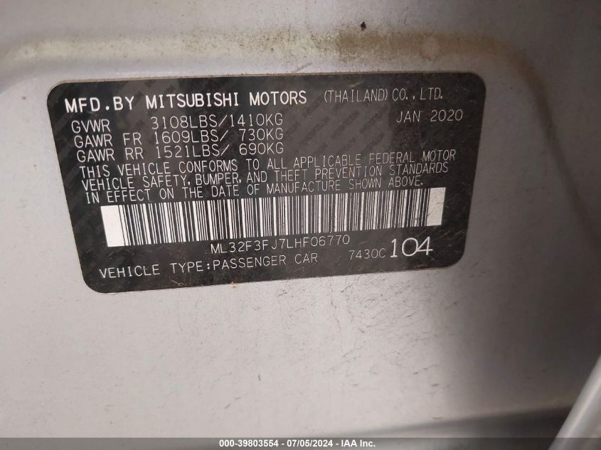 2020 Mitsubishi Mirage G4 Es VIN: ML32F3FJ7LHF06770 Lot: 39803554