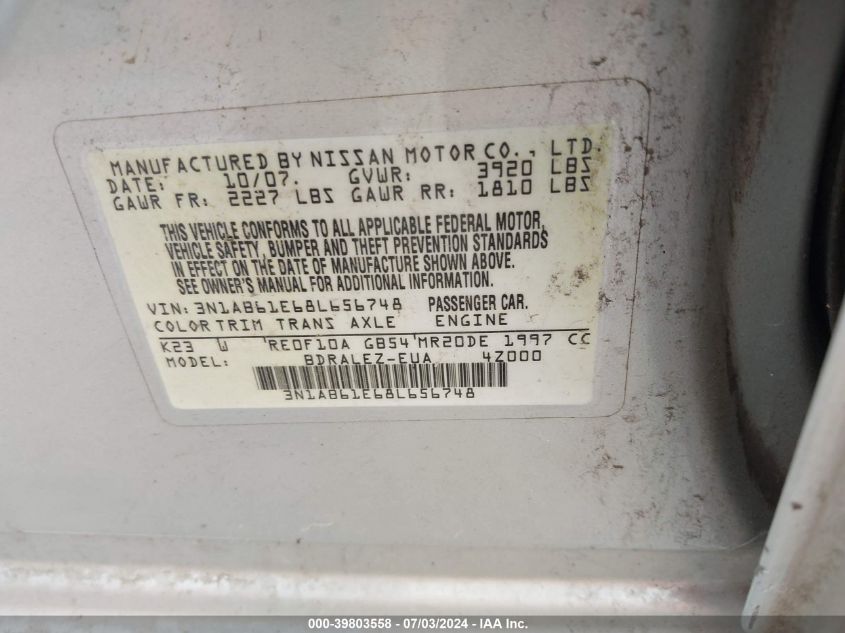 2008 Nissan Sentra 2.0 S VIN: 3N1AB61E68L656748 Lot: 39803558