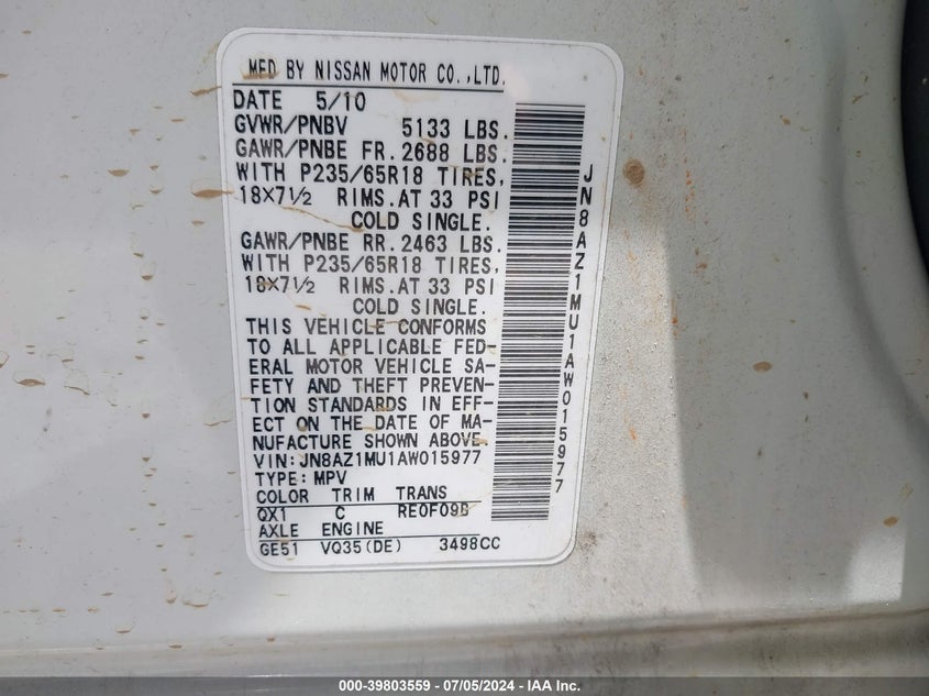 2010 Nissan Murano Sl VIN: JN8AZ1MU1AW015977 Lot: 39803559